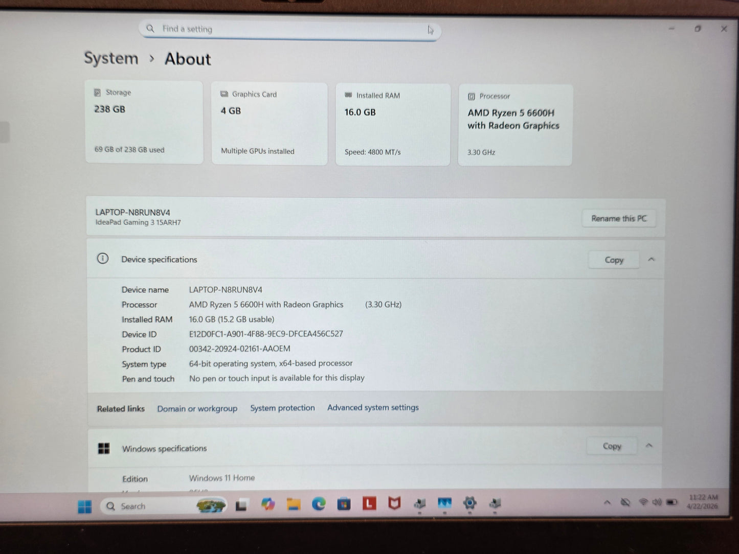 15" Lenovo IdeaPad Gaming 3 15ARH7
